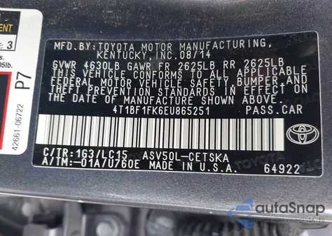 2014 Toyota Camry Se z USA, uszkodzony, nr VIN 4T1BF1FK6EU865251